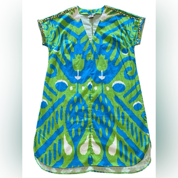 Embellished Sheridan French Tunic dress Green & blue cap Sleeves Large - Picture 3 of 8